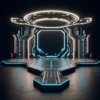 Futuristic sci-fi interior with neon lights and a central circular platform