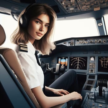 Female pilot captain in cockpit of an airplane, wearing a white uniform and headset