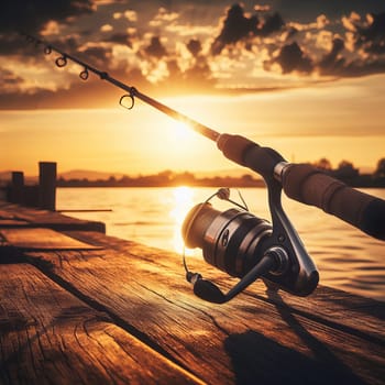 A fishing rod and reel on a wooden dock at sunset, with the sun setting over the water and an orange-yellow sky