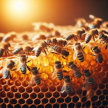 Close-up of swarm of bees working at bee honeycomb on orange background with empty space for text