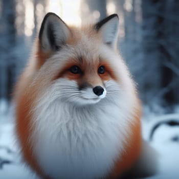 Close up of beautiful Red Fox in winter frozen forest. Vulpes vulpes in nature - wildlife scene