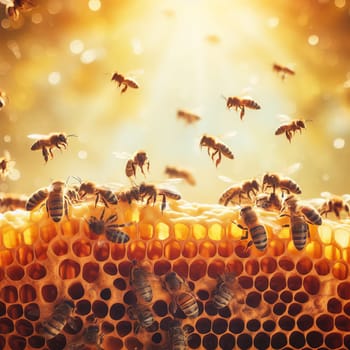 A close-up of a honeycomb with bees crawling on it, illuminated by a warm orange light