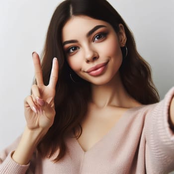 Young woman in pink sweater show peace sign. Pretty girl with beaming smile making selfie photo and showing v gesture