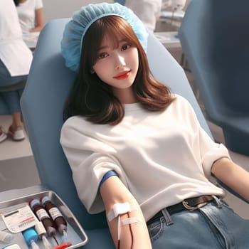 A young asian woman is donating blood in a medical facility. She is wearing a white shirt and blue jeans and is sitting in a blue chair with a tray of blood vials next to her