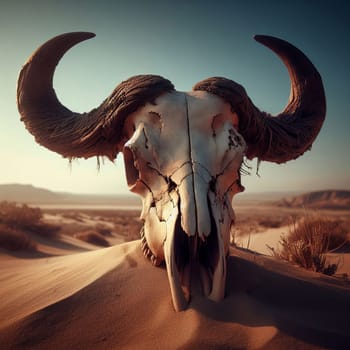 A weathered cow skull with dark, curved horns in a desert landscape with distant mountains