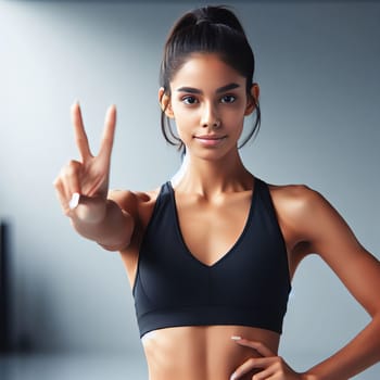 Young cute woman in a black sports bra making a peace sign, standing against a gray background. Beautiful fitness girl showing v-sign