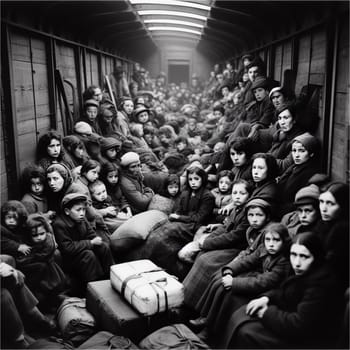Black and white image of a crowded vintage train car with people refugees fleeing during the Second World War