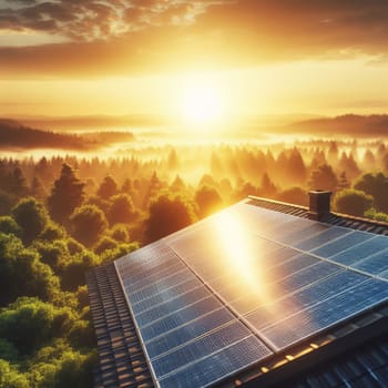 High angle view of a solar panel on a roof, with a beautiful sunrise in the background