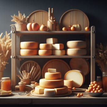 Rustic wooden shelf displaying a variety of cheeses, fruits, and kitchen utensils