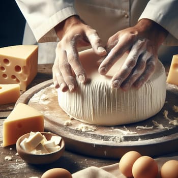 Chef's hands skillfully preparing dough on a rustic wooden table, surrounded by ingredients and tools