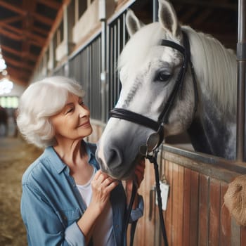 Elderly woman in blue denim shirt petting a white horse in a stable, horse wearing a bridle