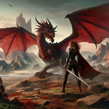 Fantasy illustration of a woman knight with sword confronting a red-winged dragon in a rocky landscape