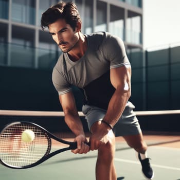 Man playing tennis on a court, hitting the ball with his racket