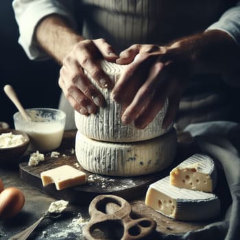 Male hands making cheese on a rustic wooden table in the cheese factory