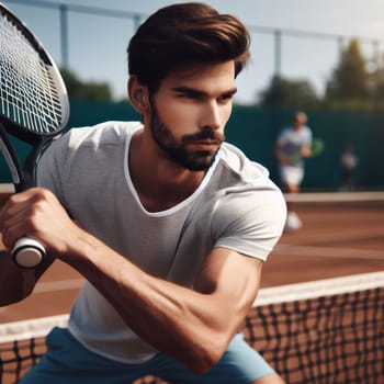 Young man playing tennis on a clay court, swinging the racket