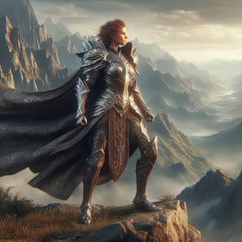 Illustration of a woman knight in armor standing on a cliff, overlooking a mountainous landscape