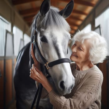 Senior woman petting a white horse in a stable, horse wearing a bridle