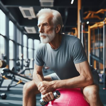 Senior man in gym, sitting on pink exercise ball and holding dumbbells