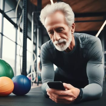 Senior man exercising and watching video on smartphone, doing plank exercise on gym