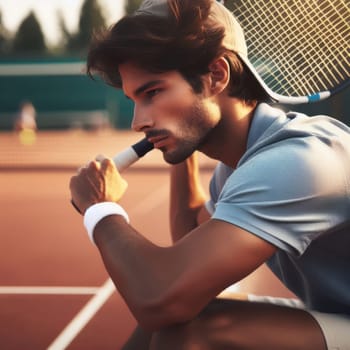 Young man sitting on a tennis court with a racket, wearing a blue shirt and white wristbands