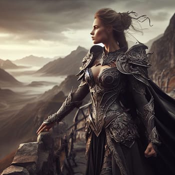 Woman in fantasy armor standing on a cliff, overlooking a mountainous landscape