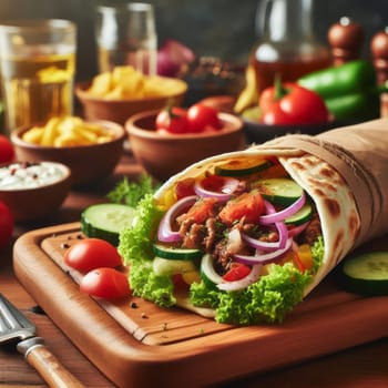 Delicious shawarma wrap on a wooden board, surrounded by ingredients and condiments