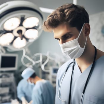 Male doctor in scrubs and a stethoscope in an operating room, with a nurse in the background