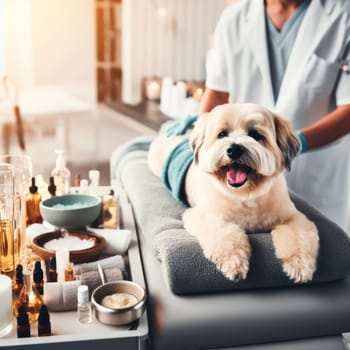 An animal gets a massage in a spa salon. Pampered dog lying on a towel and enjoys a relaxing spa treatment at a luxurious salon, indulging in ultimate comfort and rejuvenation