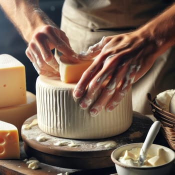 Hands of a person in an apron making cheese, with various types of cheese and tools around