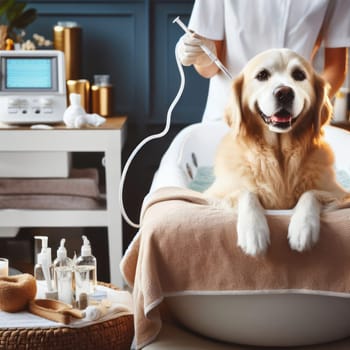 Golden retriever enjoying a spa treatment lying in the bath, person in white coat holding tool near dog's head