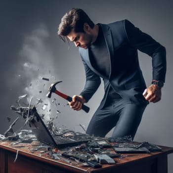 A businessman in a suit is smashing a laptop with a hammer, causing an explosion of pieces and smoke