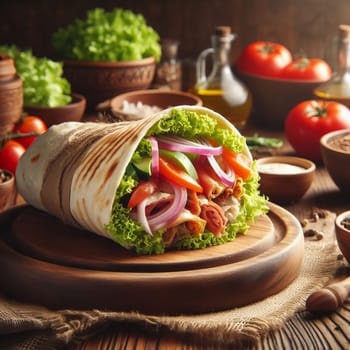 Delicious shawarma wrap with fresh vegetables and meat on a wooden cutting board in a rustic kitchen