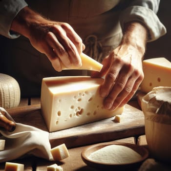 Person's hands holding a block of cheese on a wooden cutting board, with various types of cheese around