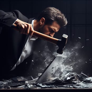 Angry man in a suit smashing a computer monitor or laptop with a hammer, in black and white with a dark background