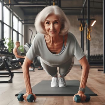 Senior woman in gym, doing push-ups with dumbbells on a black exercise mat