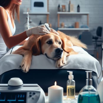 A dog in a spa-like setting, lying on a couch with a towel, attended by a person in white gloves