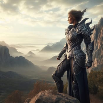 A woman knight in ornate armor stands on a cliff, overlooking a scenic valley at sunrise