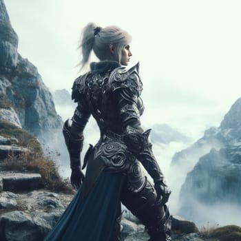 A woman in medieval armor standing on a cliff overlooking a foggy mountain landscape