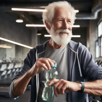 Senior man in a gym, holding a water bottle, wearing a gray shirt and blue jacket, surrounded by fitness equipment