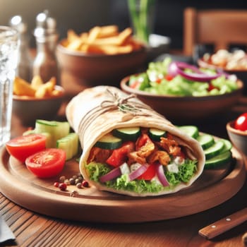 A chicken wrap shawarma filled with lettuce, tomato, cucumber, and chicken on a wooden plate with various sides and condiments, on a wooden table