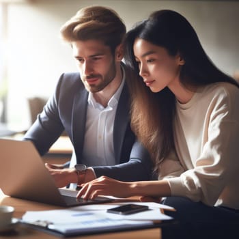 Two professionals collaborating on a project, working together on a laptop in a bright office setting