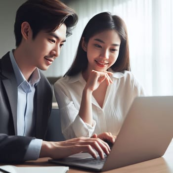 Businessman and businesswoman collaborating, using a laptop in a well-lit office environment