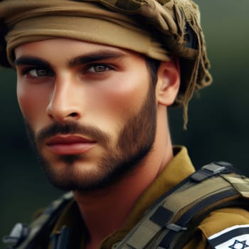 Israeli Hamas soldier in uniform, with a David star symbol, headscarf, and shoulder straps against a camouflage background