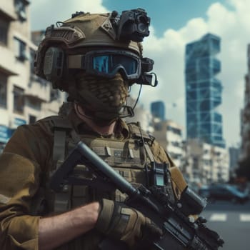 A soldier in full gear with a rifle, patrolling an urban setting with city buildings in the background