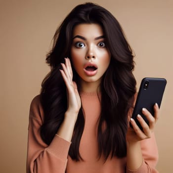 A young surprised woman in a pink sweater, holding a smartphone and touching her face looking at the camera, against a beige background