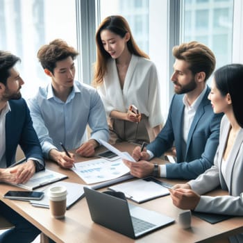 Professional business team engaged in a meeting, surrounded by laptops and documents in a bright, modern office