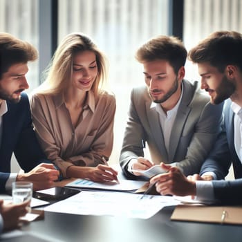 Professionals in a focused meeting, discussing documents for business plan in a modern office setting