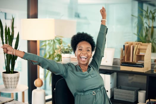 Office, black woman and excited with target or career, growth and job opportunity as hr assistant. Portrait, female employee and happy for administration work, deadline and task or project with bonus.