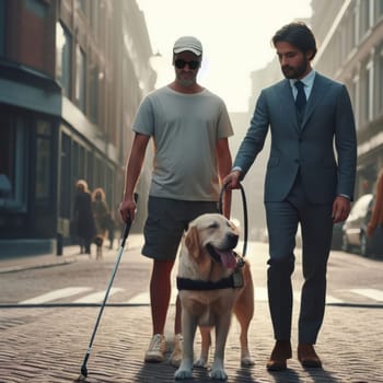 A guide dog assists a visually impaired person, navigating a foggy cityscape with another individual