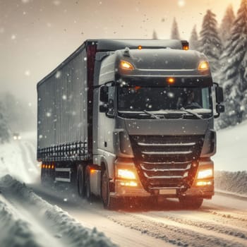 A modern semi-truck braves the winter weather, driving down a snowy road with a backdrop of trees